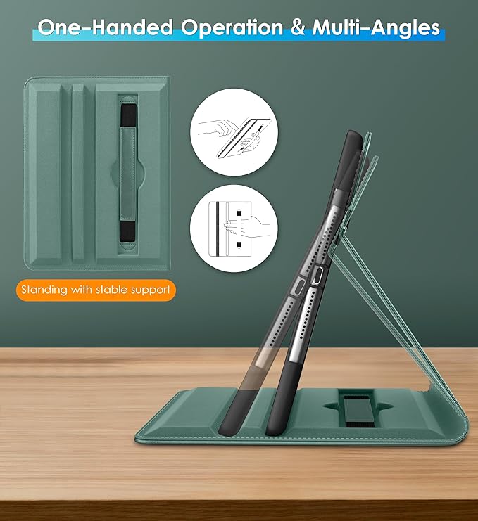 DTTO Rotating Case for iPad 6th / 5th Generation 9.7 Inch 2018/2017 iPad Air 2 / Air 1 Case 360 Degree Swiveling Premium Leather Folio Stand Cover with Pencil Holder-Auto Wake/Sleep Midnight Green