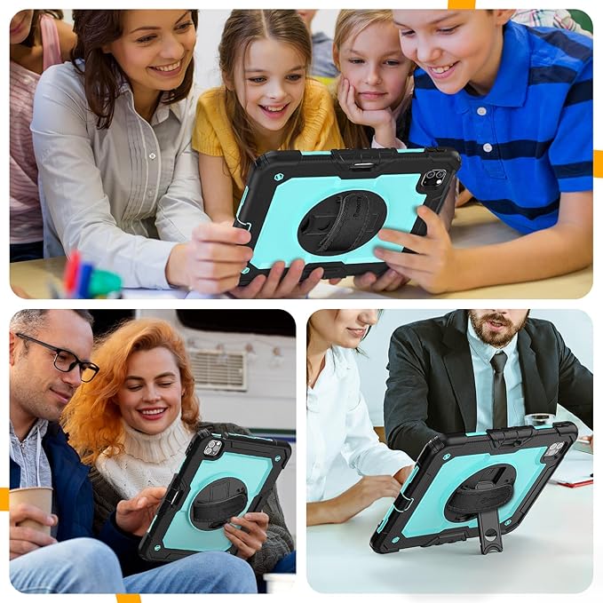 Timecity Case for iPad Pro 11 inch 2022/2021 (4th/ 3rd Generation) Shockproof with Screen Protector Swivel Stand Handle Shoulder Strap Pencil Holder Case for iPad Pro 11 Inch- Light Blue