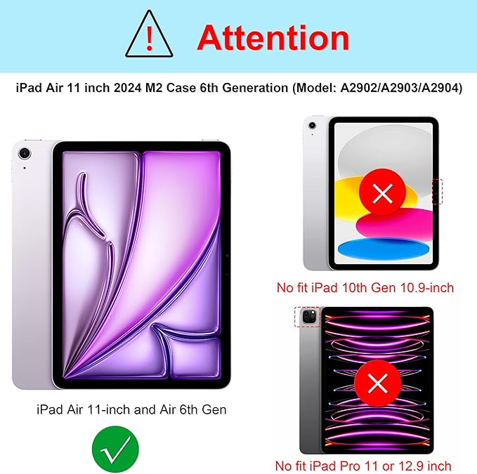 Case for iPad Air 11 inch Case M3 2025/ M2 2024 (Air 7th/6th Generation) Heavy Duty Shockproof Cover with Screen Protector 360° Rotating Stand Pencil Holder Shoulder Strap (Black)