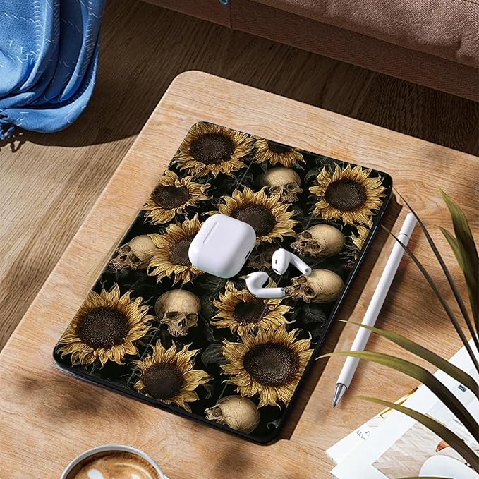 Cute Sunflowers Case for 10.9 Inch Ipad 10Th Retro GIlry Floral Cover for Ipad Black Shell with Clear Transparent Back Auto Sleep/Wake Shockproof with Pencil Holder(Girls Women)