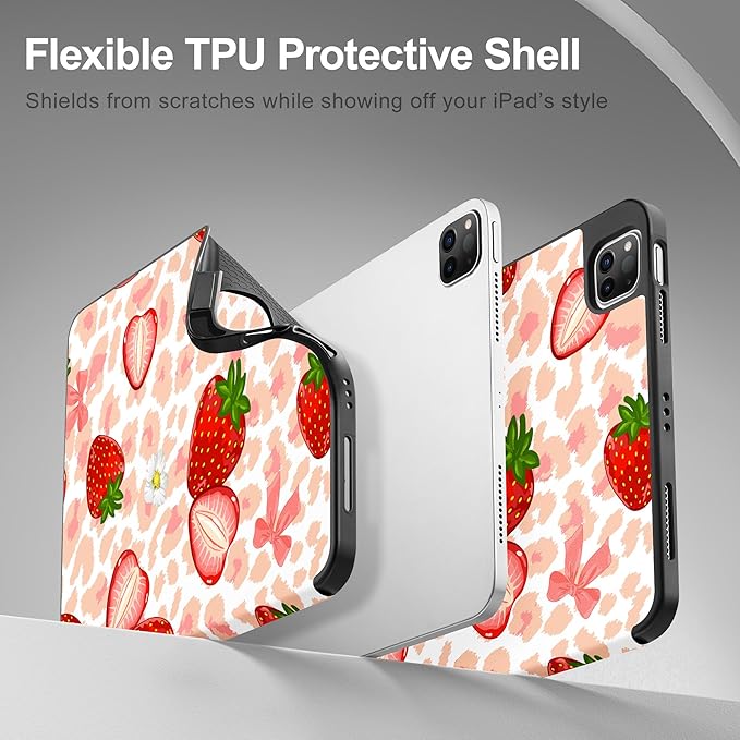 May Chen Case for iPad Pro 11 inch (4th 3rd 2nd &amp 1st Gen) 2022 2021 2020 2018Trifold Stand with Auto Wake/Sleep Soft TPU Protective Stand Back Cover Leopard Print Strawberry