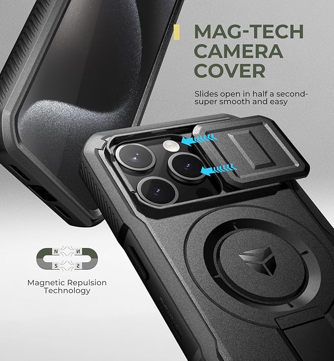 Dexnor for iPhone 15 Pro Case with Slide Camera Cover &amp Adjustable Kickstand &amp Built-in Screen Protector Magnetic Rugged Shockproof Bumper Cases Heavy-Duty Magnetic Protective CoverBlack