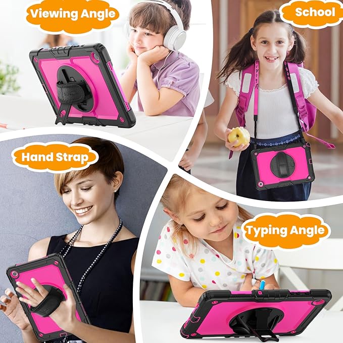 SEYMAC stock Case for Samsung Galaxy Tab A9 8.7'' Full-Body Drop Protection Case with Screen Protector Pencil Holder [360° Rotating Hand Strap] &ampStand Pink+Black