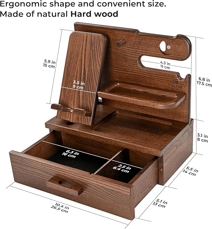 TESLYAR Wood Phone Docking Station with Drawer - Nightstand Organizer - Desk Organizer for Husband - Birthday Gifts for Men Dad Anniversary Idea Key Holder Stand Watch &amp Accessories (Bourbon Br