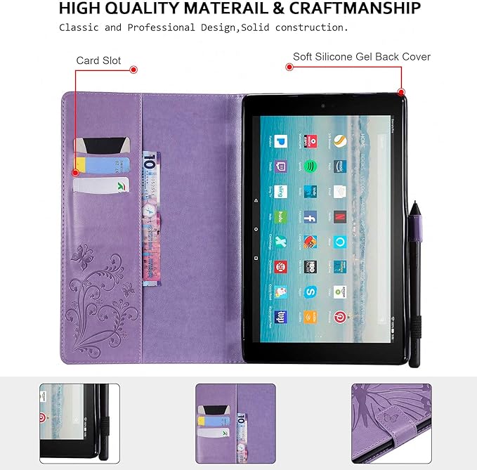 Case for Fire HD 10 Tablet Techcircle Butterfly Embossed Slim Folding Stand Cover with Credit Card/Cash Holder Case for Amazon Fire HD 10.1 5th/7th/9th Generation-2015/2017/2019 Release Lavender
