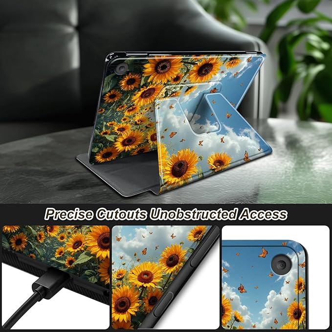 Case for Kindle Fire HD 8 &amp 8 Plus Tablet(12th/10th Gen 2024/2022/2020) 360 Degree Rotating Swivel Stand Flip Cover with Auto Sleep/Wake Sunflower Field