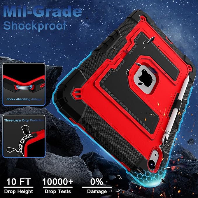 WESOROL Case for iPad A16 11th Generation 11 Inch (2025) iPad 10th Generation 10.9 Inch (2022)i Pad A16 Case Military Grade Shockproof Cases with Pencil Holder Shoulder StrapBlack Red