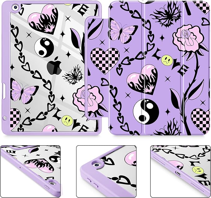 for iPad 9th Generation with Pencil Holder iPad 8th/7th Gen Case 10.2-inch [Built in Pencil Holder] Trifold Stand Auto Wake/Sleep Clear TPU Protection Back Cover Y2K Emo Girl SD166