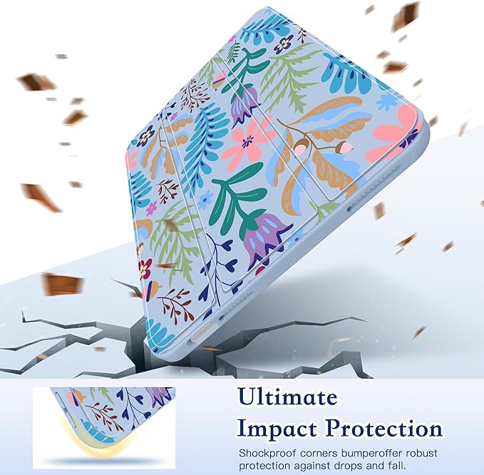 CISSOOK for iPad (A16) 11 inch Case 2025 /iPad 10th Generation 10.9 inch 2022 with Pencil Holder Trifold Stand with Soft TPU + PC Transparent Hard Shell Back Cover Blue Flora