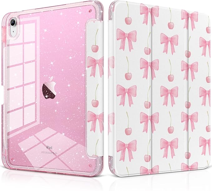 MEEgoodo Case for iPad A16 11th Generation 2025/10th Generation 2022 Glitter Tablet Cases with Transparent Acrylic Back+Trifold Stand +Pencil Holder+Auto Wake/SleepCherry &amp Pink Bows