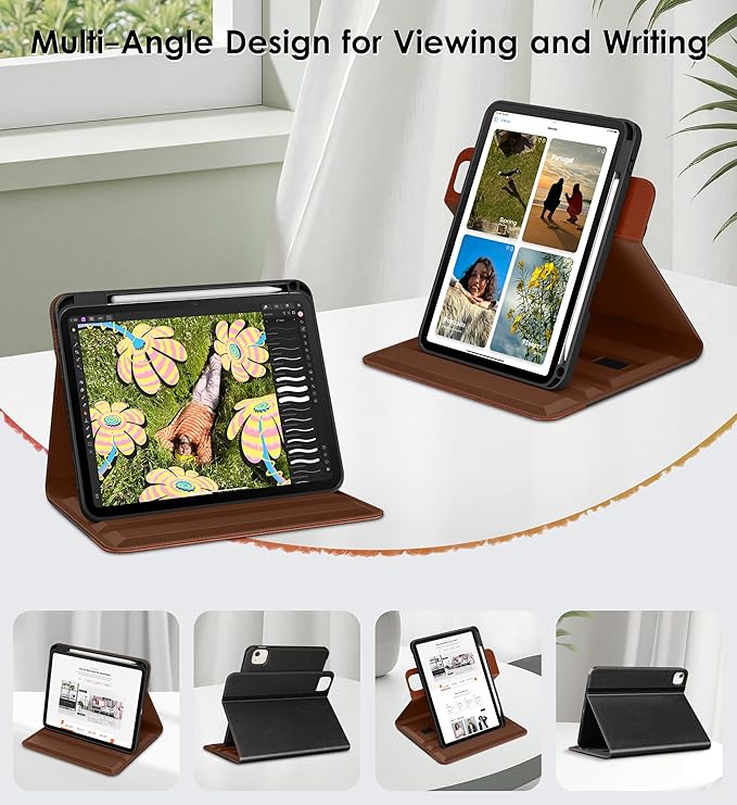 DTTO for iPad Air 11 inch Case M4 / M3 / M2 (2026/2025/2024) iPad Air 5th / 4th Gen (2022/2020) 360 Degree Rotating Premium Leather Folio Stand Cover with Pencil Holder Black Brown