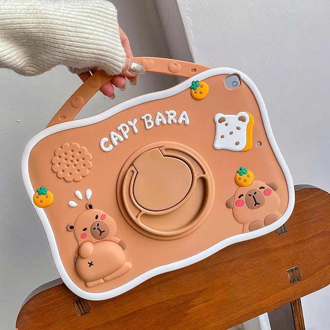 Capybara Kids Case for iPad 9th Gen(2021) / 8th Gen(2020) / 7th Gen(2019) 10.2 Inch3D Cute Silicone Cartoon Cover for Boys with Rotating Stand Adjustable Strap- Beige