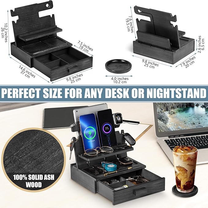 Black Wood Phone Docking Station for up to 3 Phones - Nightstand Organizer with Drawer for Valuables for Men &amp Women Compatible With Apple Watch Holds Phones Tablets Keys Rings Glasses EDC