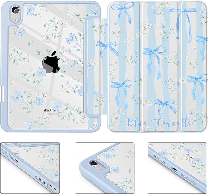 May Chen Slim Case for iPad mini 7 (A17 Pro 7th Generation) 2024 / iPad mini 6 (6th Gen) 8.3 Inch [Built-in Pencil Holder] Shockproof Cover Clear Clear Back Shell Auto Wake/Sleep Flower Blue Waves