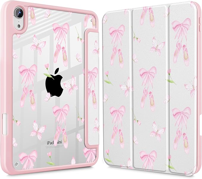May Chen Slim Case for iPad mini 7 (A17 Pro 7th Generation) 2024 / iPad mini 6 (6th Gen) 8.3 Inch [Built-in Pencil Holder] Shockproof Cover Clear Clear Back Shell Auto Wake/Sleep Ballet Shoes