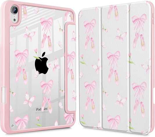 May Chen Slim Case for iPad mini 7 (A17 Pro 7th Generation) 2024 / iPad mini 6 (6th Gen) 8.3 Inch [Built-in Pencil Holder] Shockproof Cover Clear Clear Back Shell Auto Wake/Sleep Ballet Shoes