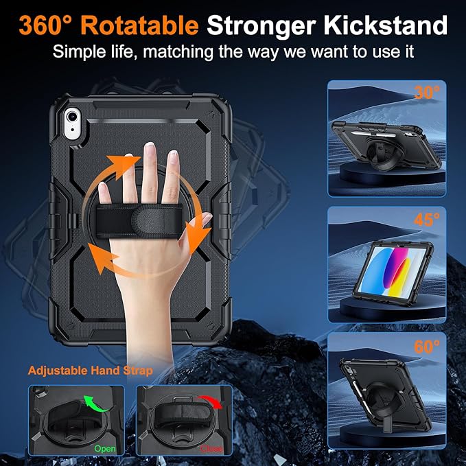 Case for iPad (A16) 11th Generation 11 Inch (2025) Ubearkk for iPad 10th Generation 10.9 inch 2022 case with Screen Protector 360 Degree Rotating Stand/Adjustable Shoulder Strap/Pencil Holder Black