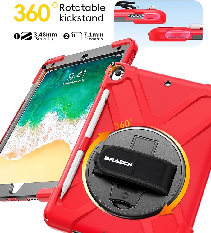 BRAECN Case for iPad Air 3rd Generation 2019 / iPad Pro 10.5 inch 2017 Rugged Heavy Duty Shockproof Cover with Pencil Holder 360° Rotating Kickstand &amp Adjustable Hand Strap &amp Shoulder Strap