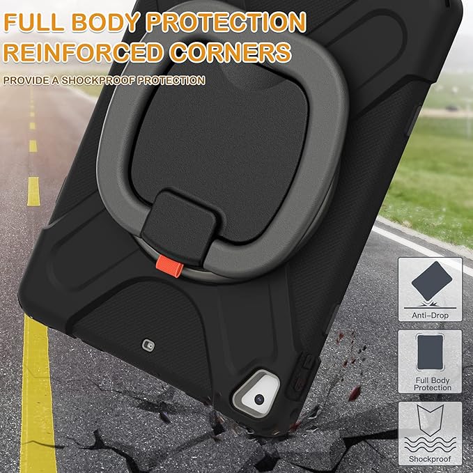 BRAECN Case for iPad 9.7 Inch 6th/5th Generation 2018/2017 iPad Air 2 3-Layer Protective Silicone Cover with Pencil Holder/Hand Grip/Kickstand/Shoulder Strap for iPad 5th/6th Generation-Black+Grey