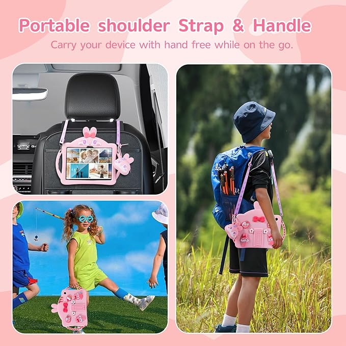 for Samsung Galaxy Tab A9 Plus 11 inch Case for Kids Girls with Adjustable Shoulder Straps Handle Wallet Rabbit Soft Silicone Tablet Cover for Tab A9+ 11'' 5g 2023(Pink)