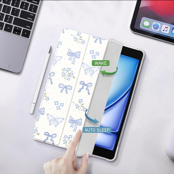 Idocolors Cute Kawaii Blue Bow Butterfly Pad Case for 12.9 Inch iPad Pro 2022/2021/2020/2018 Clear TPU Smart Stand Back Cover with Pencil Holder Auto Wake/Sleep Case for Women Girls