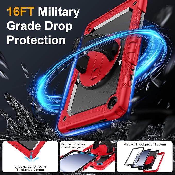 Case for Samsung Galaxy Tab A9+/A9 Plus 11 Inch 2023(SM-X210/X216/X218) Ubearkk Full-Body Drop Protection Case with Screen Protector 360° Rotating Stand and Hand/Shoulder Strap Red