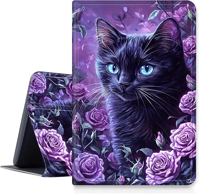 Case for iPad (A16) 11th Generation 11 Inch 2025/10th Generation 10.9 Inch 2022 PU Leather Smart Protective Cover with Auto Sleep/Wake for iPad 11/10 GenBlack Cat Purple Roses