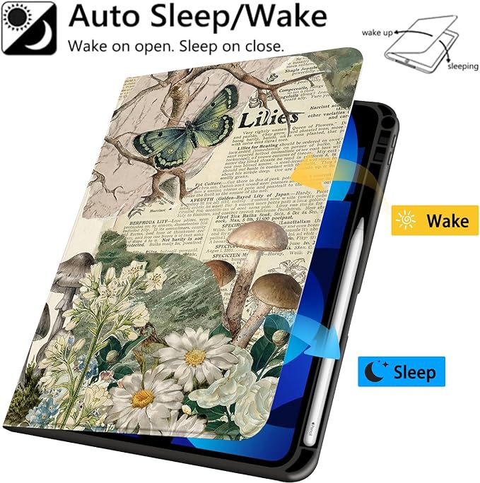 Cute Case for iPad mini 7th(A17 Pro) 2024 / Mini 6th Gen 8.3 2021Botanical Collage Textured Folio Case with Pencil Holder Multi-Angle View Adjustable Stand Auto Wake/Sleep for Women