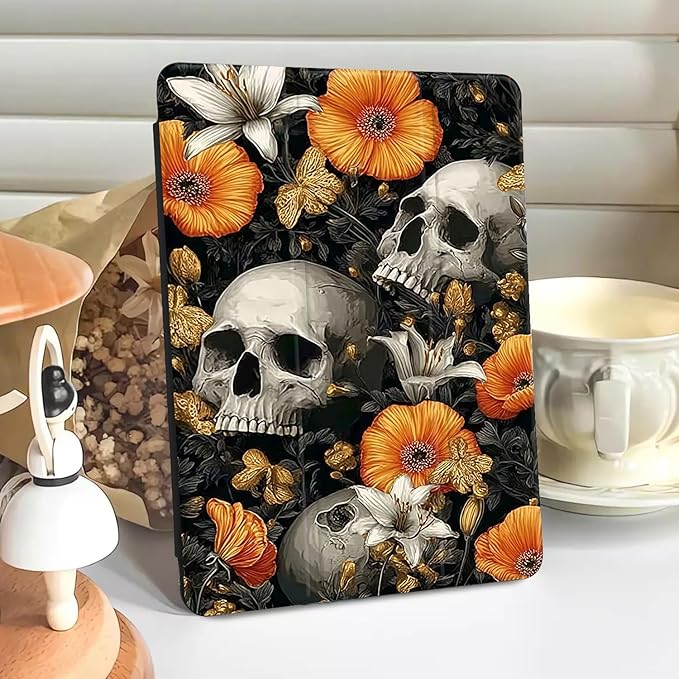 Orange Floral Skull Case for Ipad Pro 11 Inch 4Th/3Rd/2Nd Gothic Skeleton Pattern Cover Retro Shell Auto Sleep/Wake Shockproof Cover with Clear Back Shell &amp Pencil Holder(Girls Women)