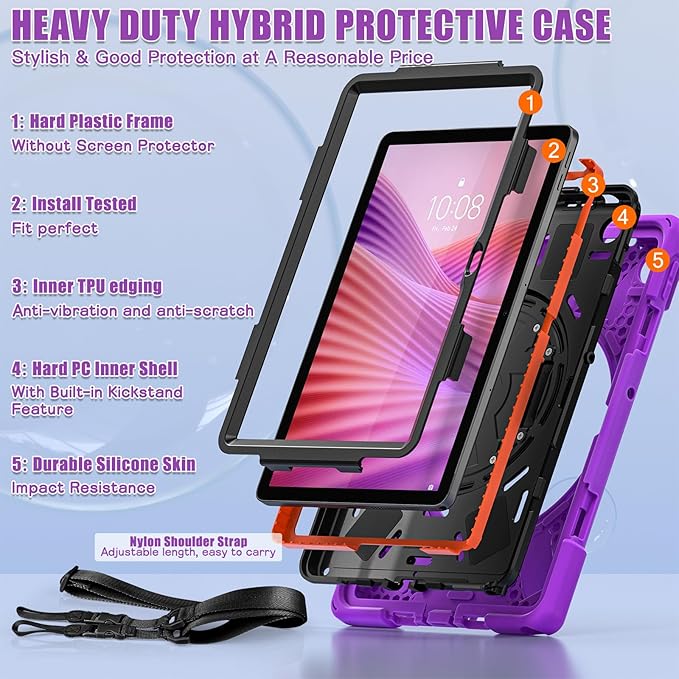 Tablet Case Compatible with Lenovo Tab 10.1(TB-311XU) /K10C TB311FU 2025 Case Protective Heavy Duty Rugged Shockproof Drop Protection Cover Shoulder Strap for Kids Silicone Cover(Pink)