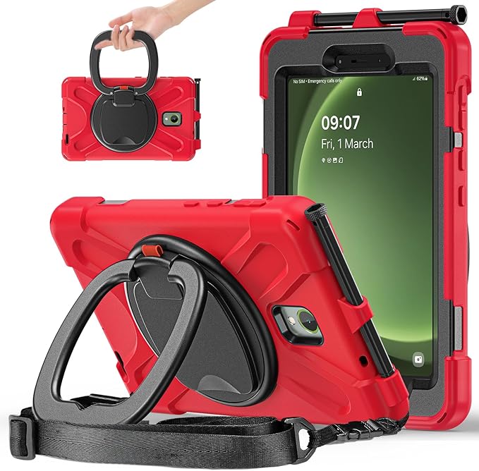 Rugged Case for Samsung Galaxy Tab Active5 5G (SM-X306B/X300) w/ 360° Rotating Hanging Ring Handle Grip Kickstand Heavy Duty Shock-Proof Armor Cover w/Shoulder Strap Stylus Holder (Red)