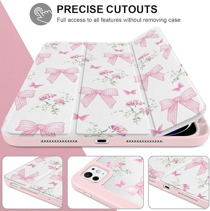 TWOLSKOO Case for iPad Pro 11-inch (M5 2025 / M4 2024) Clear Acrylic Back with TPU Bumper Pencil Holder Trifold Stand Auto Sleep/Wake Pink Gingham Bows