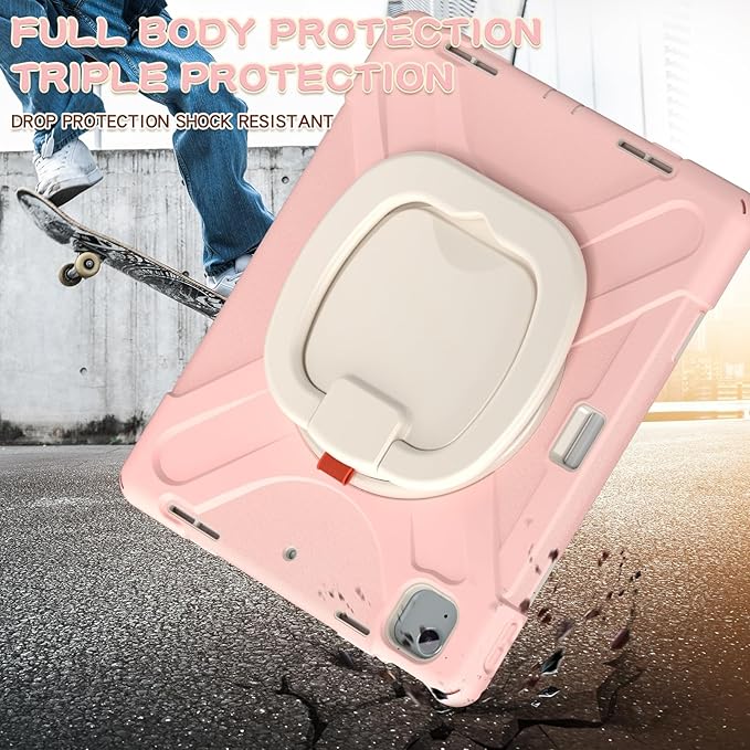 Batianda Case for iPad Air 13 inch 2025 M3 2024 M2 Chip Heavy Duty Rugged Durability Silicone Tablet Cover with 360° Rotating Ring Foldable Kickstand &amp Shoulder Strap Pink