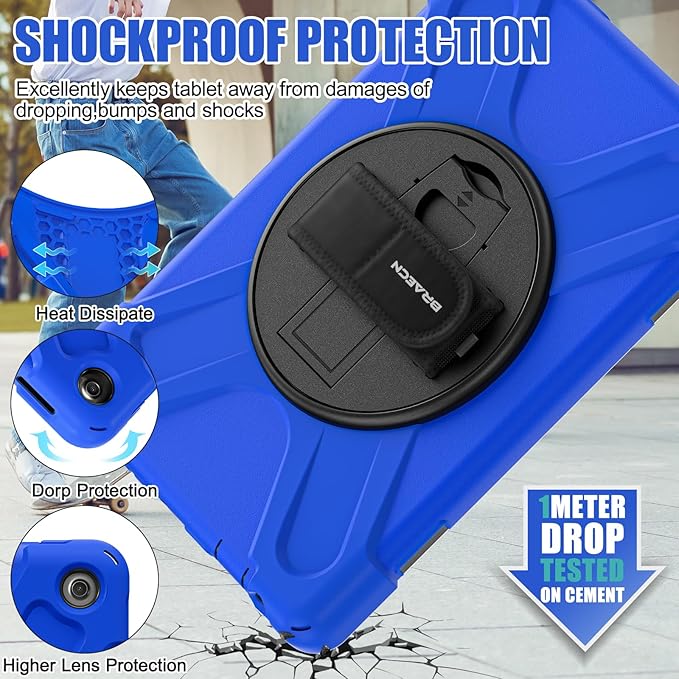 BRAECNstock Shockproof Protective Case for Amazon Fire HD 10 13th Generation 2023 Kids Case with Screen Protector [Rotating Hand Strap]&amp StandPen Holder &amp Shoulder Strap - Blue