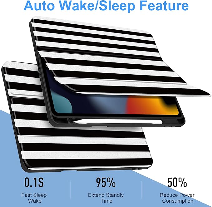 DONGKE for iPad 9th/8th/7th Generation Case 10.2 Inch (2021/2020/2019) [Auto Sleep/Wake &amp Pencil Holder] Clear Acrylic Back Trifold Stand Cover Black Stripes