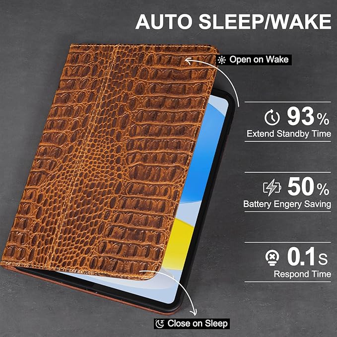 Leather Case for iPad (A16) 11th Gen. 2025 11 Inch iPad 10th Gen.2022 10.9 Inch Full Grain Leather Cover with Auto Sleep/Wake Anti Slip Crocodile Pattern