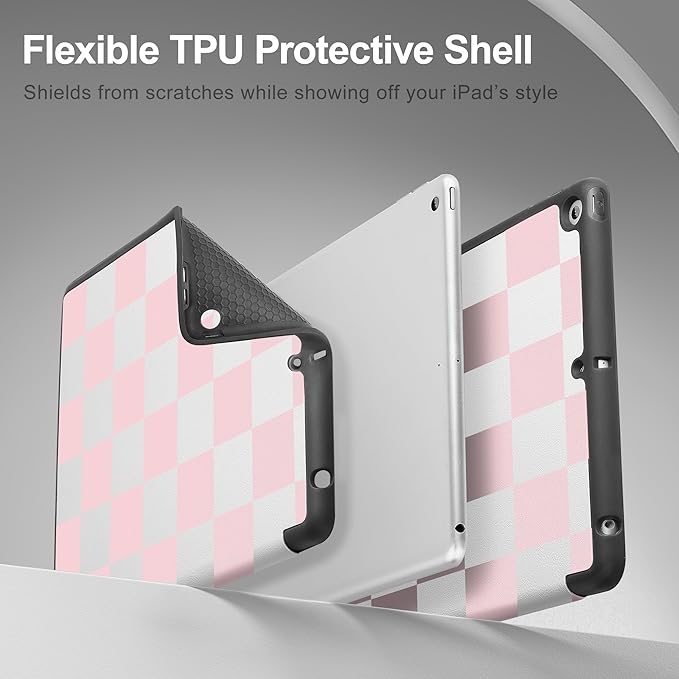 Tuiklol Case for iPad 10.2 Inch 2021 2020 2018 Release 9th / 8th / 7th Generation Built-in Pencil Holder TPU Protective Stand Back Cover Trifold Stand-Auto Wake/Sleep Lattice Pink