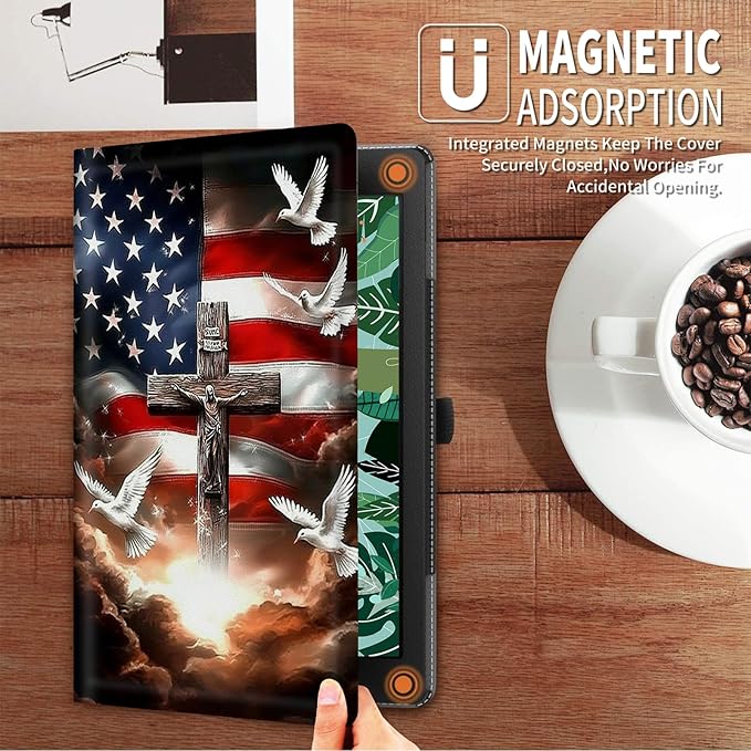 FUYOCWE for Fire HD 10 Tablet Case (13th Generation2023 Release10.1) PU Leather Multi-Angle Folding Stand Smart Flip Cover for Amazon Kindle Fire HD 10 13th Gen-American Flag with Cross Dove