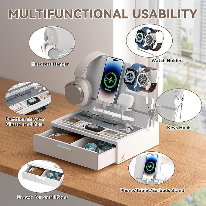 Pezin &amp Hulin Wooden Charging Station Bedside Nightstand Tray with Spacious Drawer Felt Pads for Phones Watch Idea Gifts for Him Birthday Son Christmas for Papa Fathers Day (White)