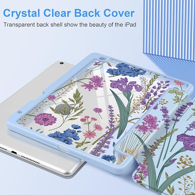 DONGKE for iPad 9th/8th/7th Generation Case 10.2 Inch (2021/2020/2019) [Auto Sleep/Wake &amp Pencil Holder] Clear Acrylic Back Trifold Stand Cover Blue Botanical Wildflower