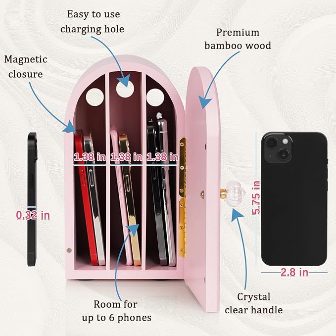Phone Box for Family Time Bamboo Cell Phone Jail 3 Sections Hold 6 Phones with Charging Holes Phone Holder Self-Discipline Box Help Kids Adults Focus Back Mobile Phone Addiction (Pink)