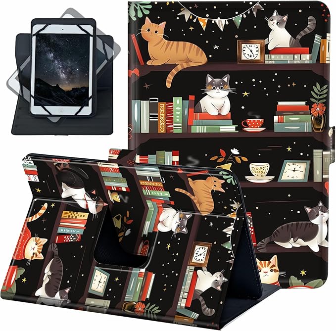 for Universal 10 10.1 Inch Android Tablet Case 360 Degree Rotating Leather Stand Folio Cover for iPad 9.7/10.2/10.5/Galaxy Tab 9-10.5/Fire HD10 &amp More 9.0-10.5 Inch TabletBookshelf Cute Cat