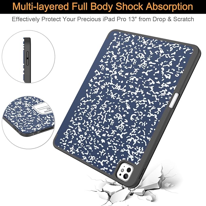Soke Case for New iPad Pro 13 Inch (M5/M4 2025/2024 Release) with Pencil Holder Trifold Stand Shockproof [Support Apple Pencil Charging + Auto Wake/Sleep] Soft TPU Back Cover Book Navy