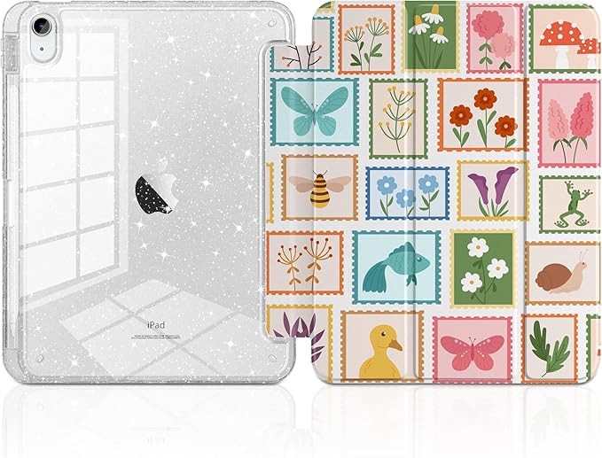 MEEgoodo Case for iPad A16 11th Generation 2025/10th Generation 2022 Glitter Tablet Cases with Transparent Acrylic Back+Trifold Stand +Pencil Holder+Auto Wake/SleepPost Stamps with Natura