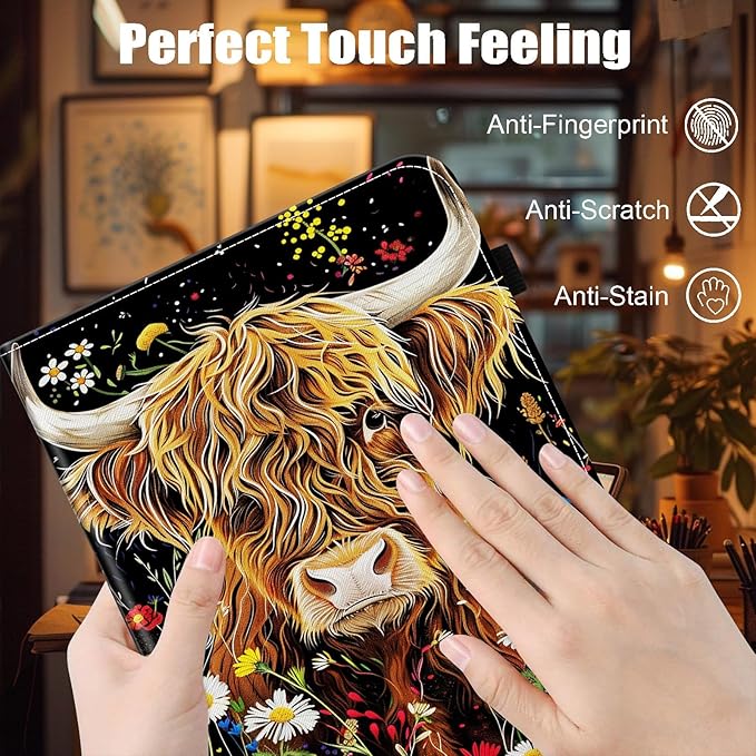 Case for Samsung Galaxy Tab S9 FE 5G 10.9 Inch/Galaxy Tab S9 11 Inch 2023Card Slot PU Leather TPU Case Pen Holder Auto Wake SleepHighland Cow Flowers