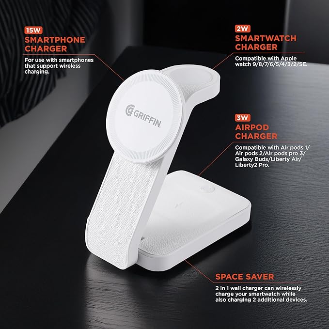 Griffin - 4-in-1 Wireless Charger Stand Magnetic Wireless Station with 15W Fast Phone Charger 3W Headphone and 2W Smartwatch Charging with Night Light