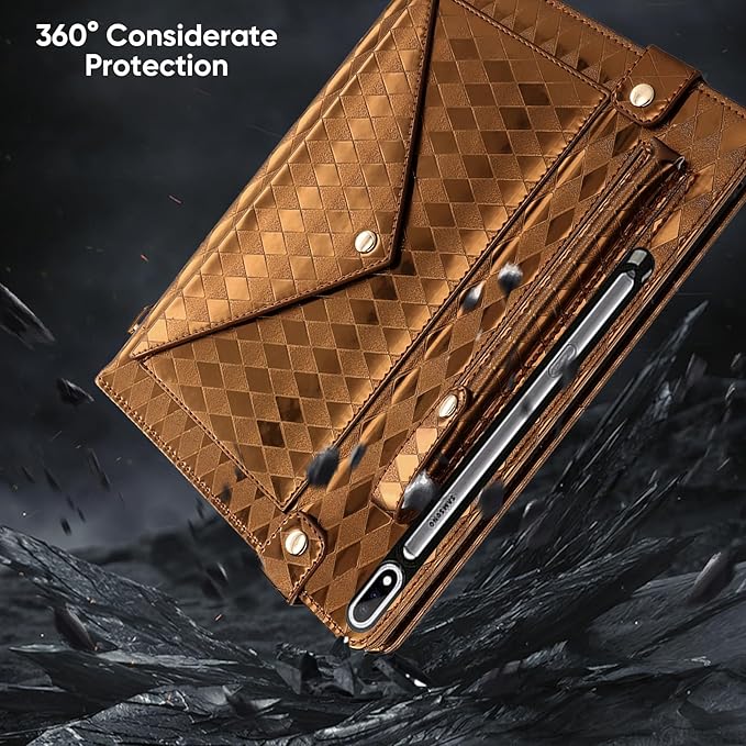 Tablet Carrying Shoulder Bag Case for Samsung Galaxy Tab S9 FE+ Plus/S9+/S8+/S7+ Plus 12.4 Iridescent Diamond Texture Envelope PU Leather Hand Strap Cards Holder Pocket S Pen Holder CaseBrown
