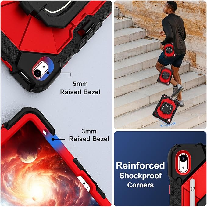 Case for iPad 10th Generation 10.9 Inch (2022) iPad (A16) 11th Generation 11 Inch (2025) Rugged i Pad Case 10th Gen with 360°Rotating Stand Screen Protector Pen Holder Shoulder Strap Red