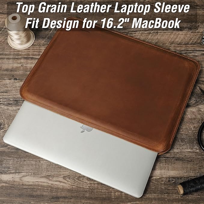 Top Grain Leather 16.2 Slim PC Sleeve Case Solid Vintage Design Handmade Compatible with MacBook Pro 16.2 A2485 M1 Max 15 Touch Bar A2141 A1707 Pro 16 Touch ID A1990 Brown 16.2 Inch