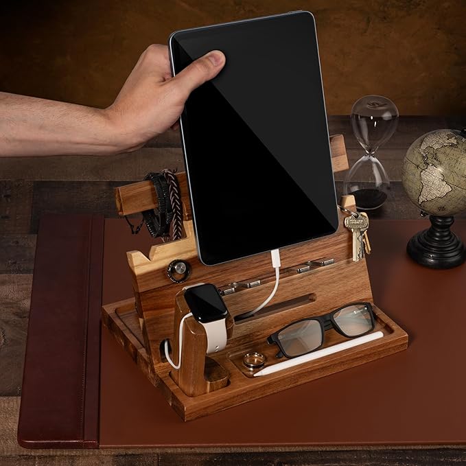 Wood Phone Docking Station for Men Nightstand Organizer Gifts for Him from Daughter Son Wife Christmas Anniversary Birthday Gift Ideas for Husband Him